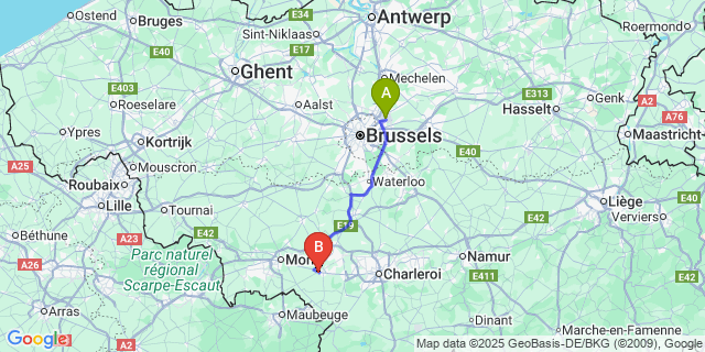 Map: Brussels Zaventem Airport (BRU) to Waudrez