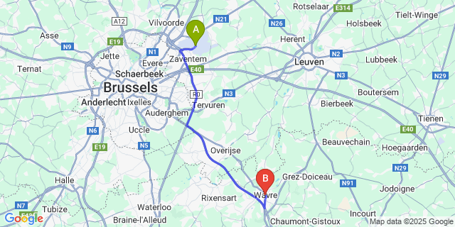 Map: Brussels Zaventem Airport (BRU) to Wavre
