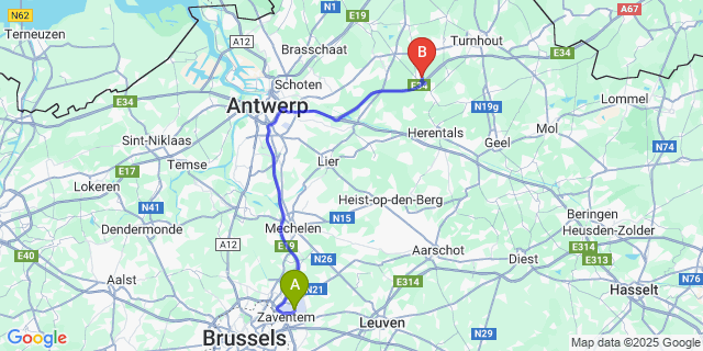 Map: Brussels Zaventem Airport (BRU) to Wechelderzande