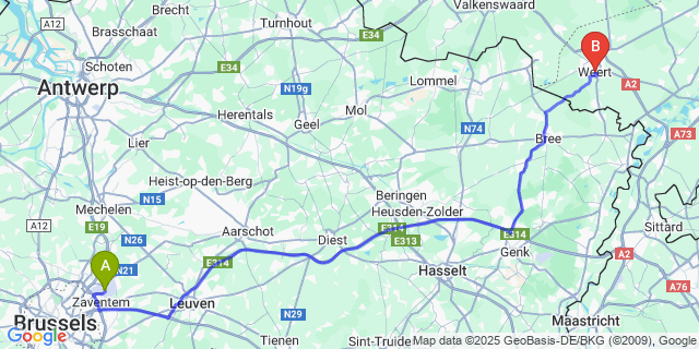 Map: Brussels Zaventem Airport (BRU) to Weert