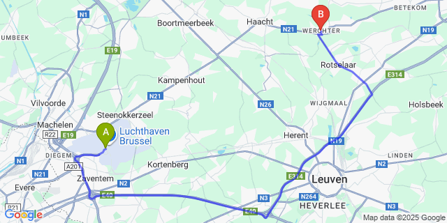 Map: Brussels Zaventem Airport (BRU) to Werchter