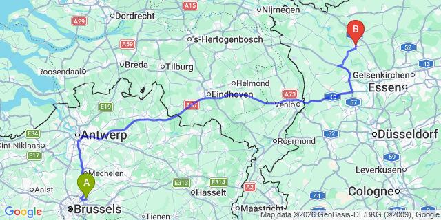 Map: Brussels Zaventem Airport (BRU) to Wesel