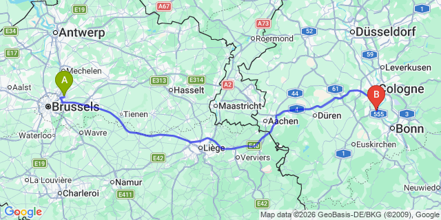 Map: Brussels Zaventem Airport (BRU) to Wesseling