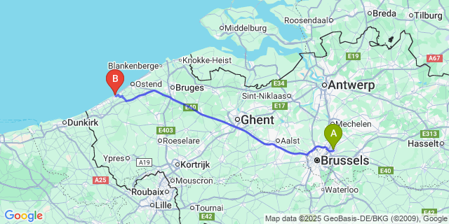 Map: Brussels Zaventem Airport (BRU) to Westende