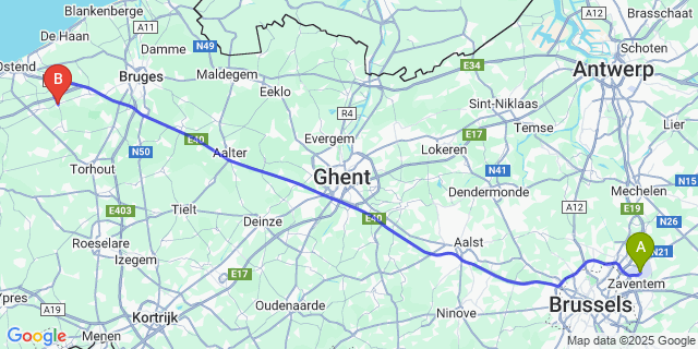 Map: Brussels Zaventem Airport (BRU) to Westkerke