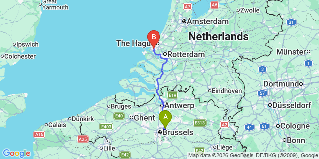 Map: Brussels Zaventem Airport (BRU) to Westland