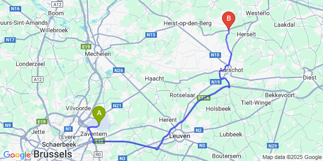 Map: Brussels Zaventem Airport (BRU) to Westmeerbeek