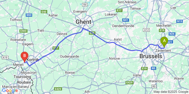 Map: Brussels Zaventem Airport (BRU) to Wevelgem