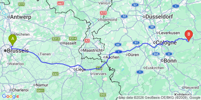 Map: Brussels Zaventem Airport (BRU) to Wiehl