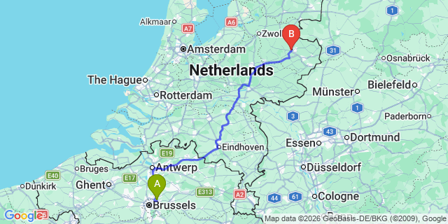 Map: Brussels Zaventem Airport (BRU) to Wierden