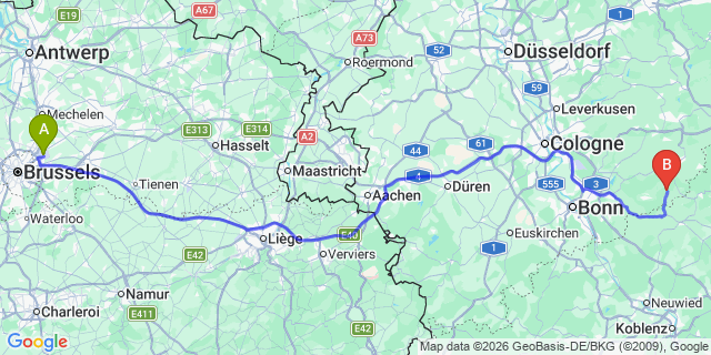Map: Brussels Zaventem Airport (BRU) to Windeck