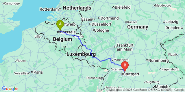 Map: Brussels Zaventem Airport (BRU) to Winnenden