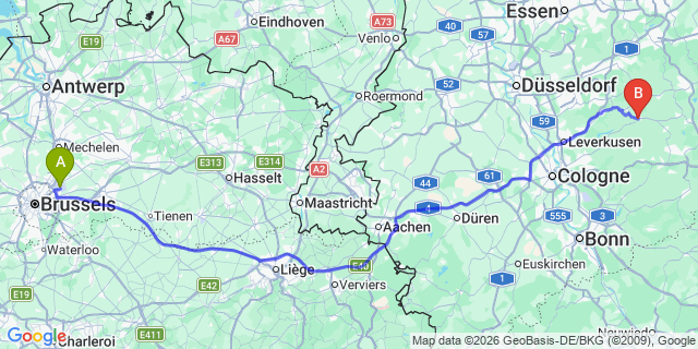 Map: Brussels Zaventem Airport (BRU) to Wipperfürth