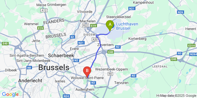 Map: Brussels Zaventem Airport (BRU) to Woluwe-Saint-Pierre