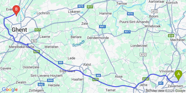Map: Brussels Zaventem Airport (BRU) to Wondelgem