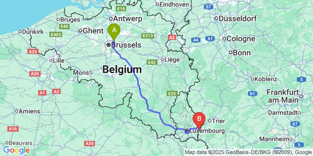 Map: Brussels Zaventem Airport (BRU) to Wormeldange