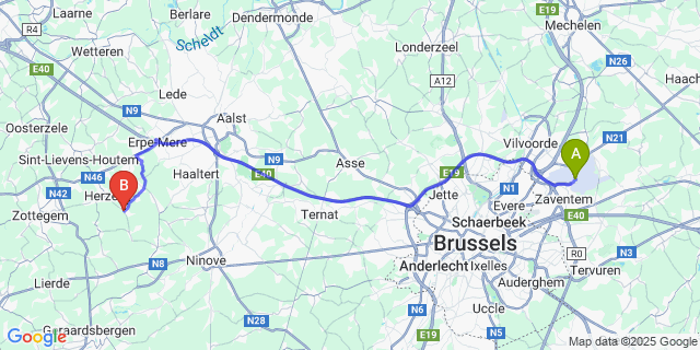 Map: Brussels Zaventem Airport (BRU) to Woubrechtegem