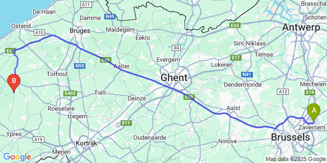 Map: Brussels Zaventem Airport (BRU) to Woumen