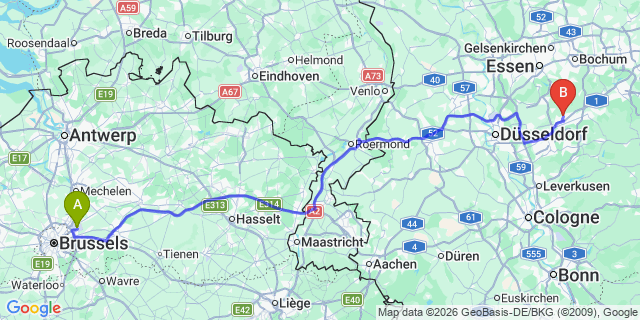 Map: Brussels Zaventem Airport (BRU) to Wuppertal