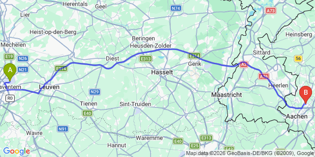 Map: Brussels Zaventem Airport (BRU) to Würselen