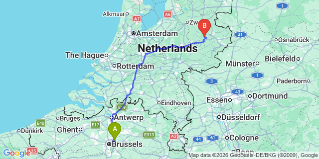 Map: Brussels Zaventem Airport (BRU) to Xanten