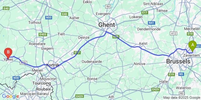 Map: Brussels Zaventem Airport (BRU) to Ypres