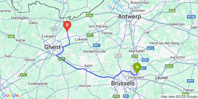 Map: Brussels Zaventem Airport (BRU) to Zaffelare