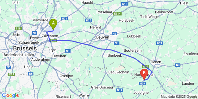 Map: Brussels Zaventem Airport (BRU) to Zetrud-Lumay