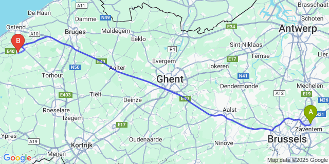 Map: Brussels Zaventem Airport (BRU) to Zevekote