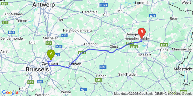 Map: Brussels Zaventem Airport (BRU) to Zolder