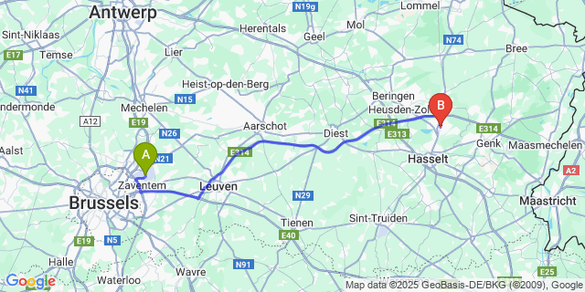 Map: Brussels Zaventem Airport (BRU) to Zonhoven