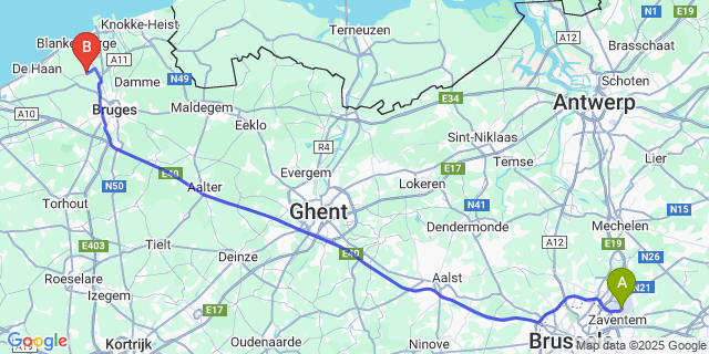 Map: Brussels Zaventem Airport (BRU) to Zuienkerke