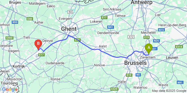 Map: Brussels Zaventem Airport (BRU) to Zulte