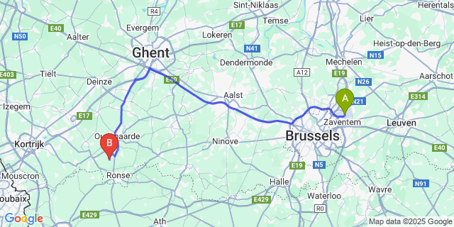 Map: Brussels Zaventem Airport (BRU) to Zulzeke