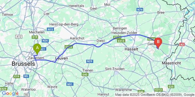 Map: Brussels Zaventem Airport (BRU) to Zutendaal