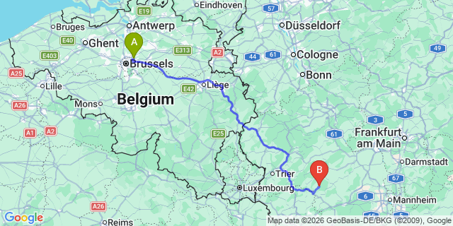Map: Brussels Zaventem Airport (BRU) to Zweibrücken
