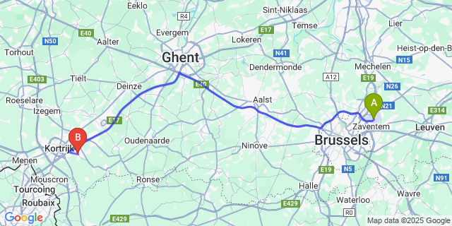 Map: Brussels Zaventem Airport (BRU) to Zwevegem