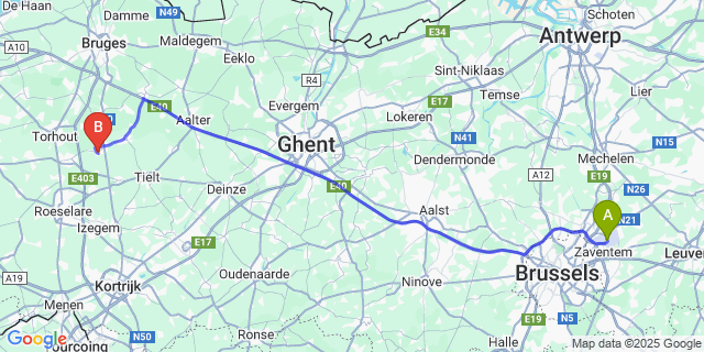 Map: Brussels Zaventem Airport (BRU) to Zwevezele
