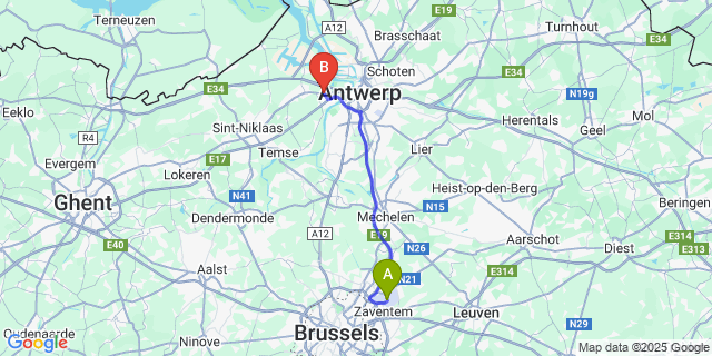 Map: Brussels Zaventem Airport (BRU) to Zwijndrecht