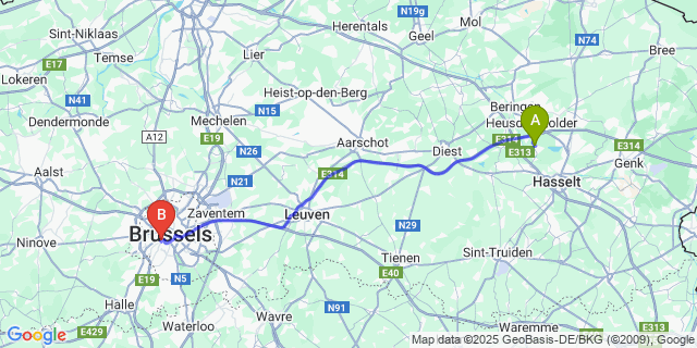 Map: Brussels Midi Train Station to Bolderberg