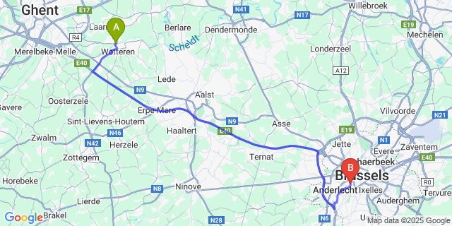 Map: Brussels Midi Train Station to Overschelde