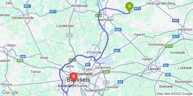 Map: Brussels Midi Train Station to Peulis