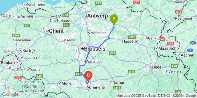 Map: Charleroi Airport Brussels South (CRL) to Tongerlo