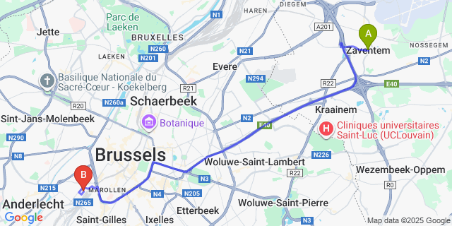 Map: Brussels Midi Train Station to Zaventem