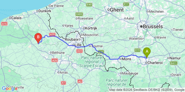 Map: Charleroi Airport Brussels South (CRL) to Aire-sur-la-Lys