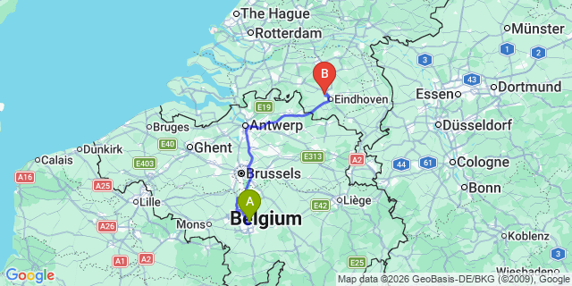 Map: Charleroi Airport Brussels South (CRL) to Amersfoort