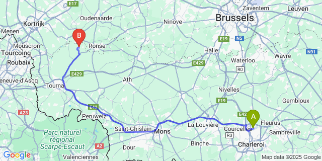 Map: Charleroi Airport Brussels South (CRL) to Amougies