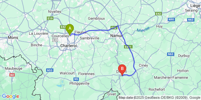 Map: Charleroi Airport Brussels South (CRL) to Anseremme