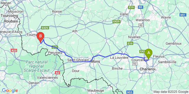 Map: Charleroi Airport Brussels South (CRL) to Antoing