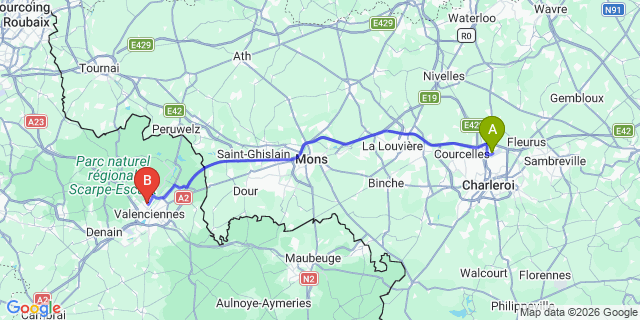 Map: Charleroi Airport Brussels South (CRL) to Anzin